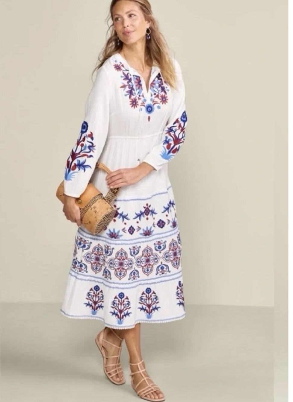 NEW Soft Surroundings Cotton Gauze Midi Dress Embroidered Boho